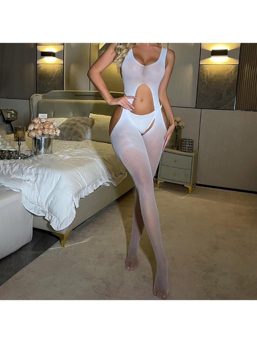 Women's Body Stocking White Spandex Classic Bodysuit Stockings Lingerie Soft